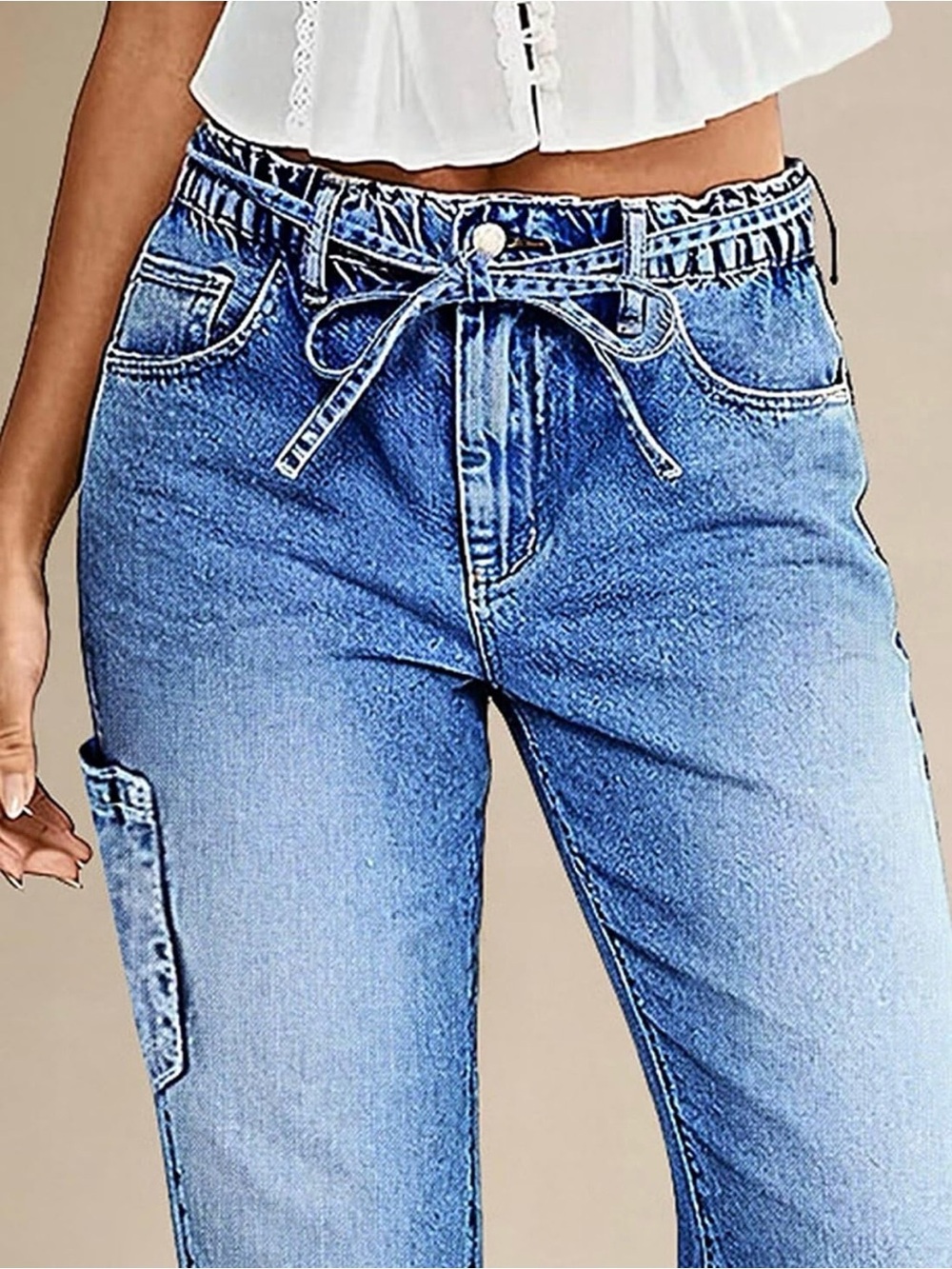 Flamingals Straight Leg Cropped Jeans Mid Rise Button Hem Belted Stretchy Baggy - Picture 5 of 7